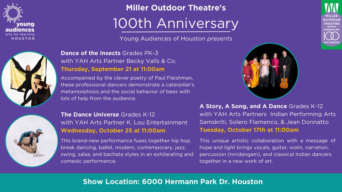 yahouston's tweet image. We're offering special performances to celebrate Miller Outdoor Theatre's 100th anniversary! Check out these exciting performances by our Arts Partners, including two brand new performances. 
Visit milleroutdoortheatre.com/group-attendan… to reserve seats!

#EveryChild #ArtsEd #ArtsForLearning