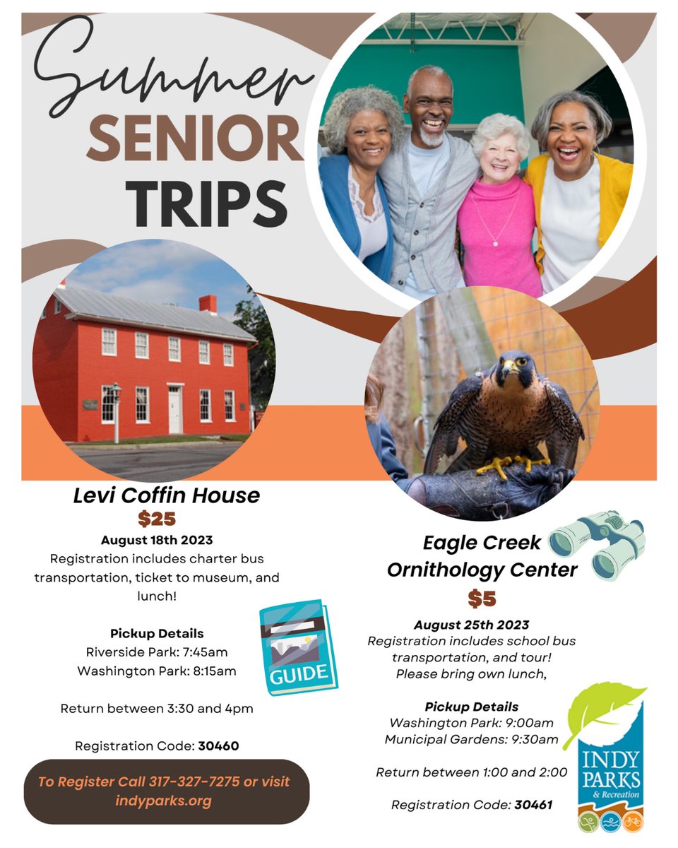 ☀ Summer Senior Trips! The first trip will leave from Riverside and Washington Parks and head to the Levi Coffin Historic Site. The second trip will leave from Municipal Gardens and Washington Park and head to the Eagle Creek Ornithology Center! Register: bit.ly/3Ylihe8