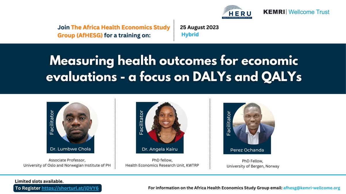 HERU_KEMRI_WT's tweet photo. #AfHESGTraining - August session

Register for a training on Measuring health outcomes for economic evaluation - a focus on DALYs and QALYs

Registration link: https://t.co/UInuQ91unO
Date: 25th August 2023

#HealthEconomics
#CapacityBuilding https://t.co/OBdQNNtWE1