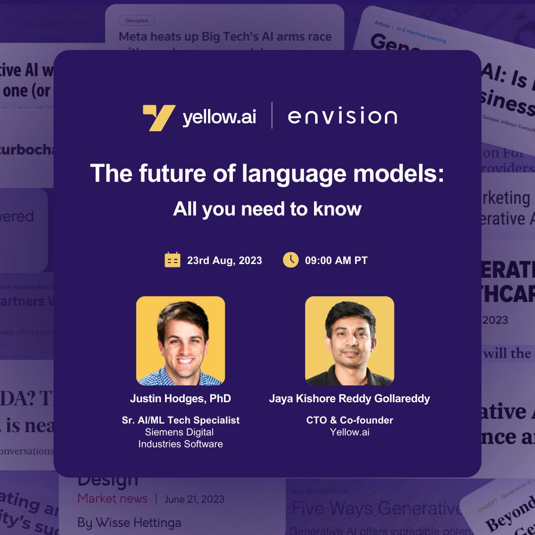 yellowdotai's tweet photo. How will #LargeLanguageModels evolve in the next 5 years? Join Justin &amp; @_jayakishore as they dive into the future of language models at #Envision

🚀 Register now: https://t.co/MOLN4fAQac 

#generativeAI #LLM https://t.co/PFuYOGfmn9