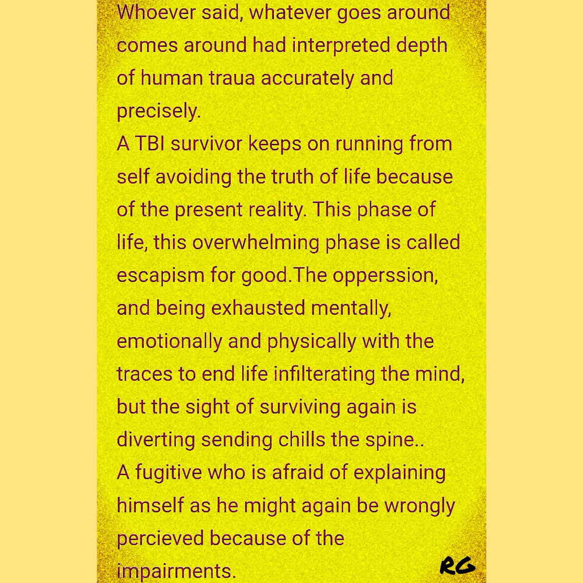 Life is nt abt fndng shltr in d rain, it's abt lrng 2 enjy d  rain!
#emotionalhealing #EmotionalWellbeing #livingwithtrauma #braininjurysurvivor #tbi #Survivor #fugitive #abandonment #abandoning #tripping #characteristically #realization #boomerang #phases #Trauma #traumahealing