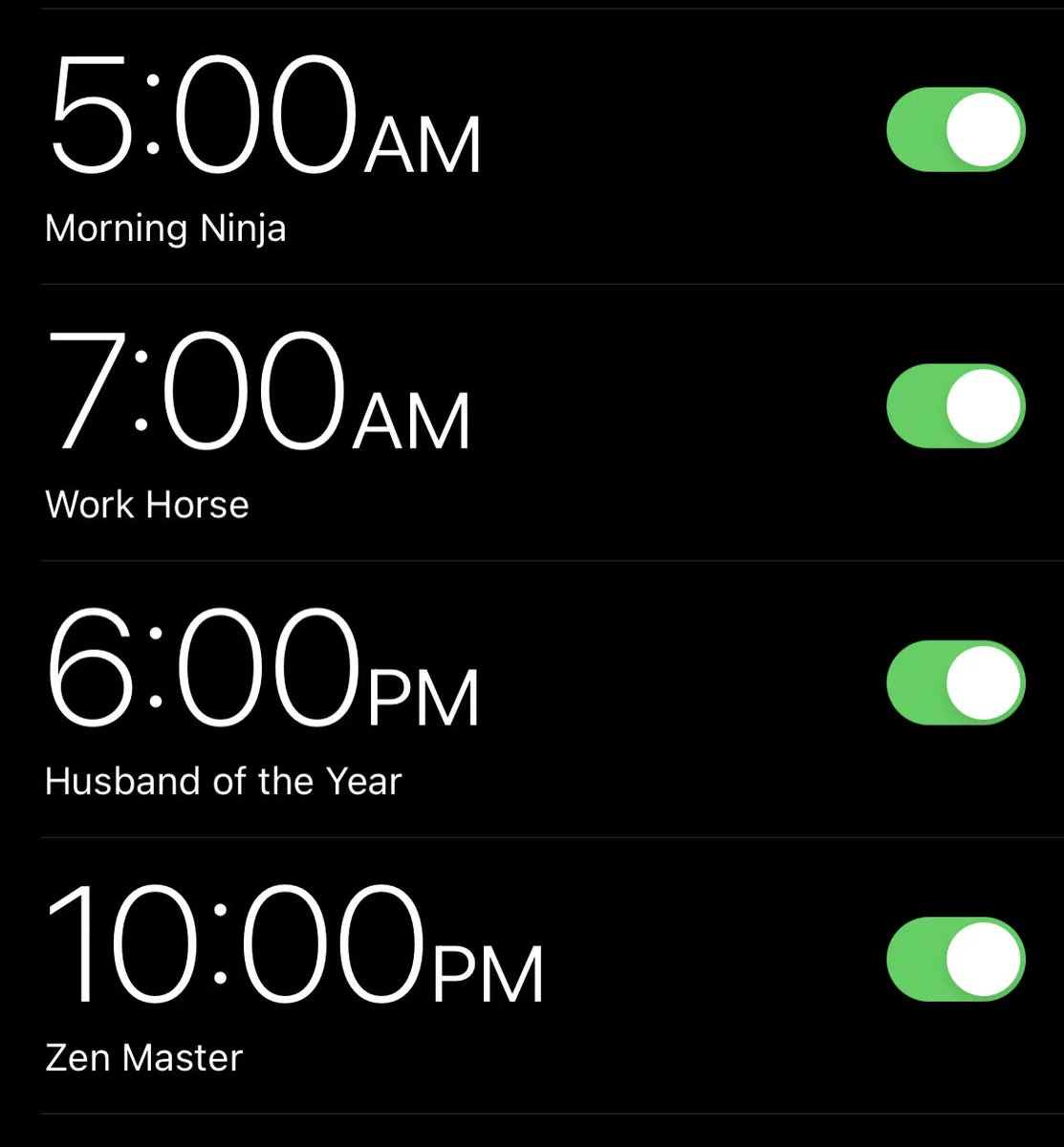 RomeenSheth's tweet photo. My friends @SahilBloom and @Eric_Partaker have this framework I've adapted that has been really impactful for my life.

It's called "The Character Alarm Method."  

Here's how it works:  

I. Break down the components of your ideal day - First, take a step back from your daily schedule. It’s filled with inertia. If you could refresh it and start from scratch, what would the day look like?  

II. Come up with a “character” for each component - Take each component you come up with to the extreme. What are the characteristics that would make each component an out of the park success?  

III. Set an alarm for each character - Take each character and ascribe it to a time. Ask yourself what are the times of the day, you want to “flip the switch” on a character. 

When I did this exercise, here was my output:  

I. Components of My Ideal Day: 

- Physical Exercise 
- Professional Excellence 
- Family Quality Time 
- Mental Exercise  

II. My Names for Each Component: 
- Physical Exercise – Morning Ninja 
- Professional Excellence – Work Horse 
- Family Quality Time – Husband of the Year 
- Mental Exercise – Zen Master  

III. My Times for Each Character: 

- Morning Ninja – 5 AM 
- Work Horse – 7 AM 
- Husband of the Year – 6 PM 
- Zen Master – 10 PM  

All great things in life come from compounding. They are small, daily consistent habits that make minimal impact on an individual day and massive impact on an extended timeframe. Setting daily alarms has had a Pavlovian effect on me - it’s a short “buzz” that subtly reinforces a reflection loop.  

- Am I missing the “Husband of the Year” alarm every day? 
- Am I snoozing the “Morning Ninja” alarm? 
- Am I making space for myself during my “Zen Master” time? 
- Am I productive during “Work Horse” time?  

Your life is in your control. You set the pace and determine the journey. This is a simple framework to help steer your ship to its rightful destination.