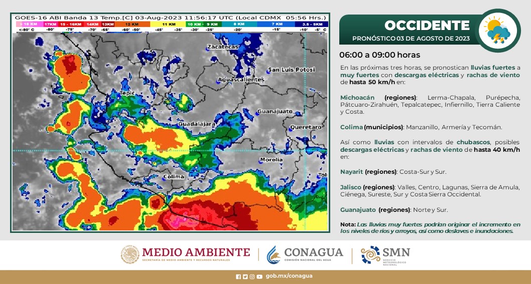 ⛈️☔️En entidades del occidente de #México, así como en regiones de #Guerrero, se pronostican #Lluvias fuertes a muy fuertes durante las próximas tres horas.
Más información en las imágenes 👇