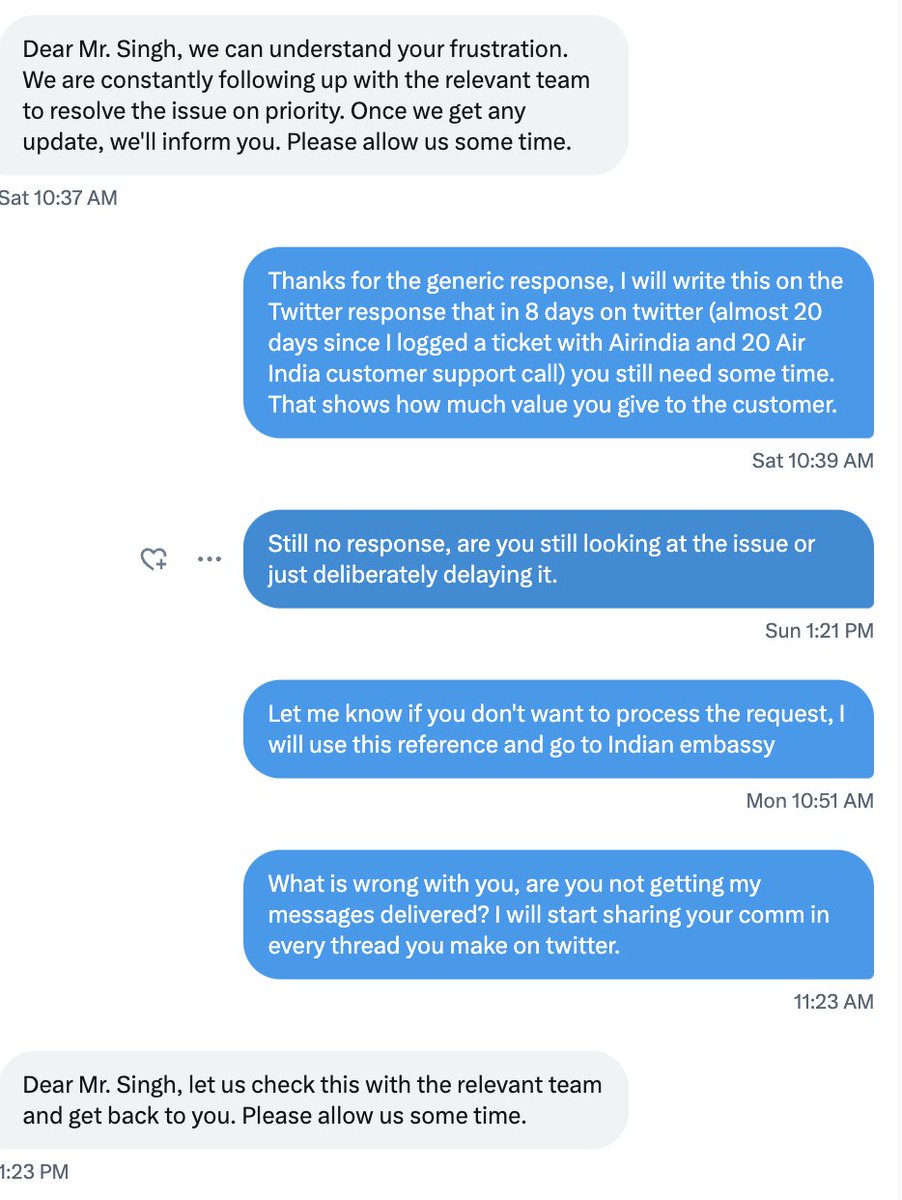 _dp_singh's tweet photo. @airindia @airindia claims they've "reverted" via DM about my concern. But 4 days of silence followed by a generic response? Seriously? 😡 Attached is the screenshot for reference. This level of customer service is beyond disappointing. Let's expect better! 🤞 https://t.co/0dNhPVqI0X