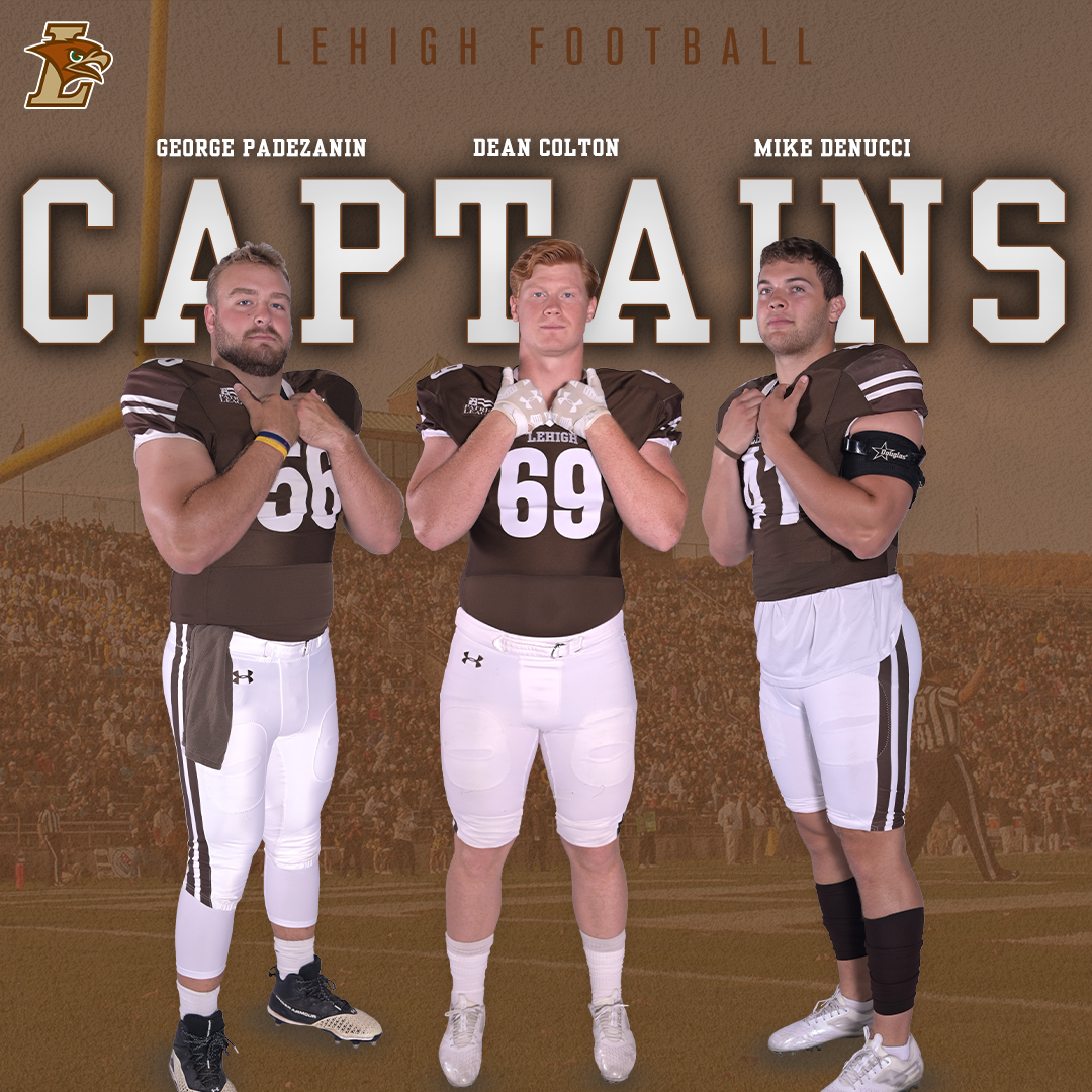 LehighFootball's tweet photo. Introducing our captains for the 2023 season!

@georgepadezanin 
@dean_colton19
@DenucciMike 

#GoLehigh #TheNest https://t.co/hbHRww0Ah1