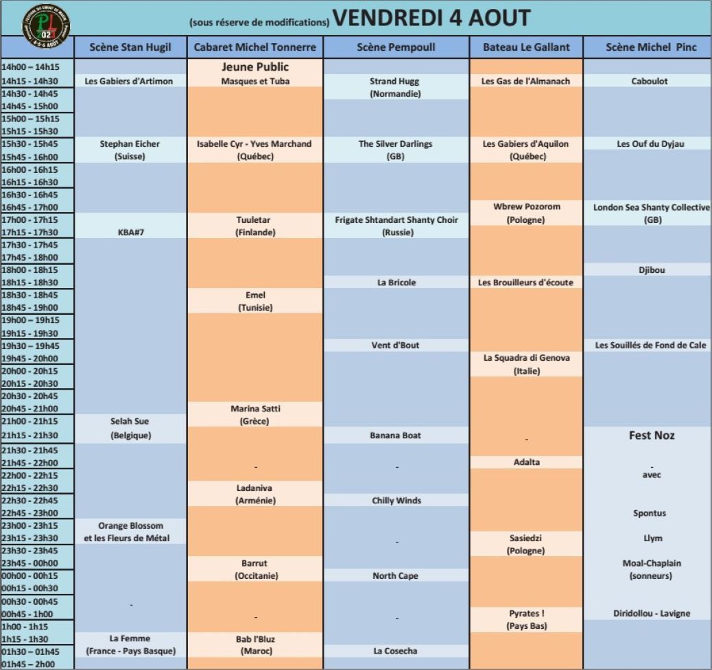 Voici le programme de la journée du vendredi 4 août 2023 au <a href="/FestivalPaimpol/">Festival du Chant de Marin</a>