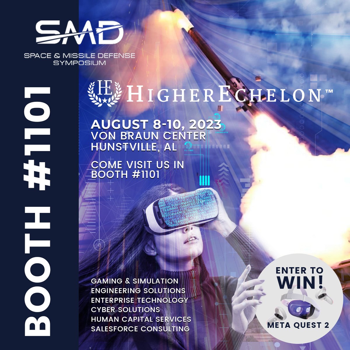 HE_Consulting's tweet image. We will be at Space &amp;amp; Missile Defense Symposium next week in Huntsville, AL! Come see us in booth 1101 to test drive our virtual reality serious games and enter to win a Meta Quest 2!

See you there!

#SMDsymposium #huntsvillealabama #sdvosb #engineering #seriousgames #gohigher
