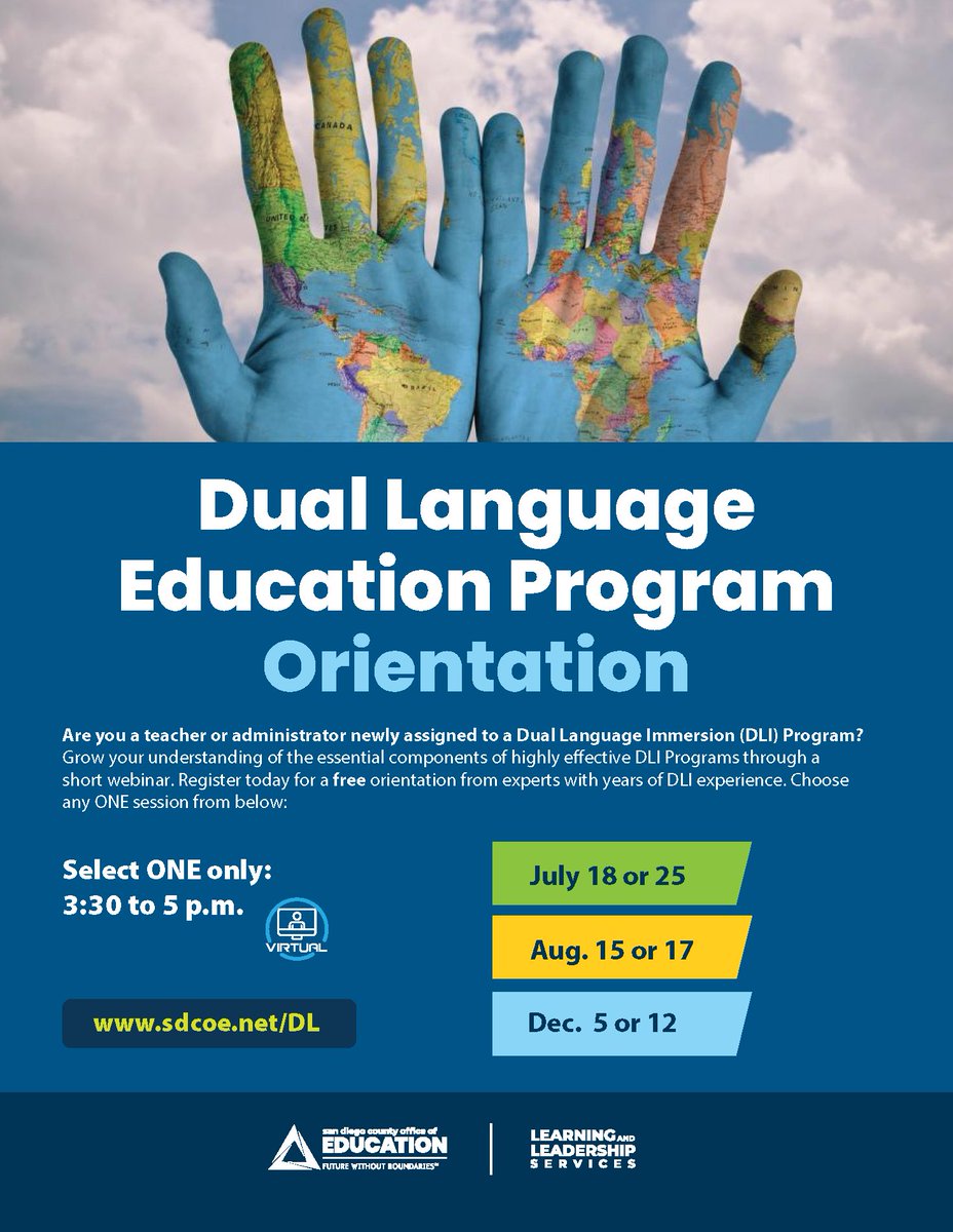 DLELnetwork's tweet photo. Dual Language Orientation  
R U a teacher or administrator newly assigned to a Calif. Dual Language site?
Review essentials of highly effective DLI Programs: short FREE webinar after school 3:30-5pm
Tues. Aug. 15 https://t.co/mjXvIuoxgH
or
Thurs. Aug. 17 https://t.co/MqPufLesrz https://t.co/t1BenMhycH