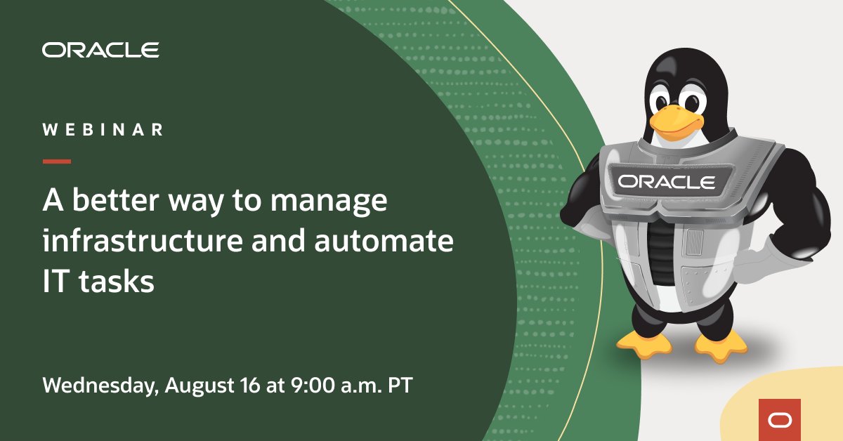montegomillion's tweet photo. Hear from #Linux technology experts discussing a better way to manage infrastructure and automate IT tasks at the next #TuxTechTalks on Wednesday, August 16. Register to save your seat.
https://t.co/lq1GXGtpvG @OracleLinux https://t.co/10LUi2Yxz6
