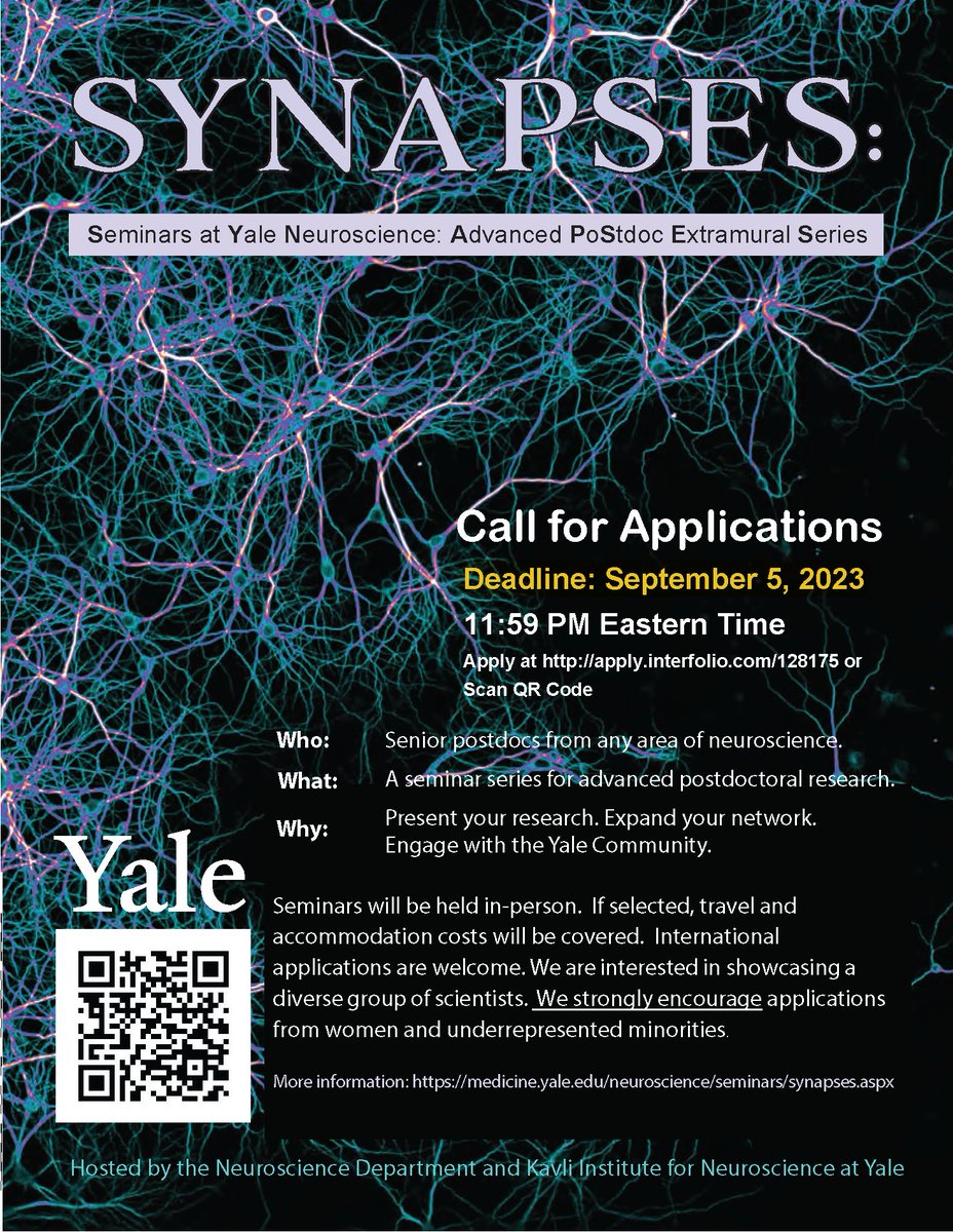 📢Senior postdocs in #neuroscience, our <a href="/YaleNeuro/">Yale Neuroscience</a> <a href="/KavliAtYale/">Yale Kavli Institute for Neuroscience</a> extramural seminar series SYNAPSES is now accepting applications for 2023/2024! We would love to hear about your work🧠 Learn more and apply by Sept. 5 at medicine.yale.edu/neuroscience/e… Any area of neuroscience welcome!