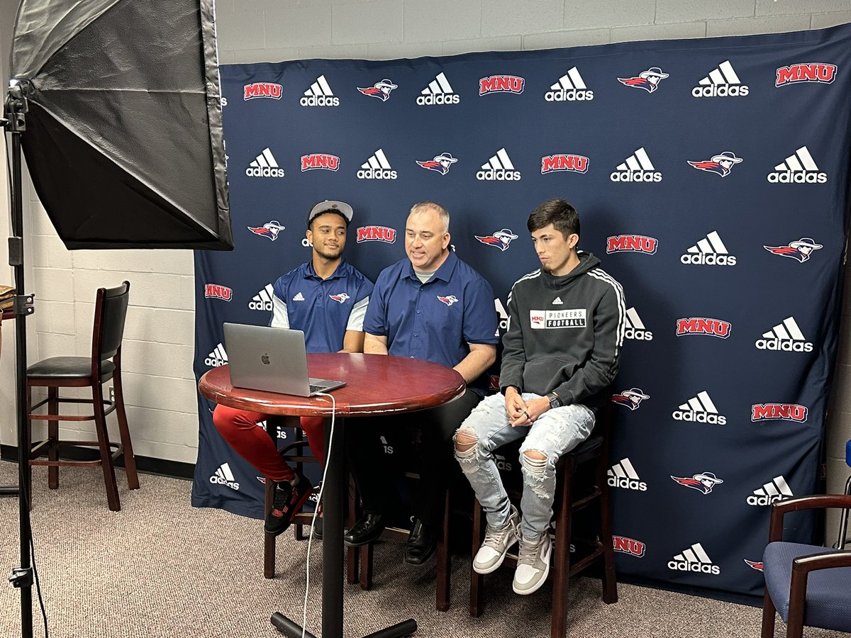 mnusports's tweet photo. 🏈 Heart @MNUFootball_ Media Day! Coach Hansen flanked by Anthony Sao and Adrian Parsons! #FearTheNeer https://t.co/s4bMvJh12d