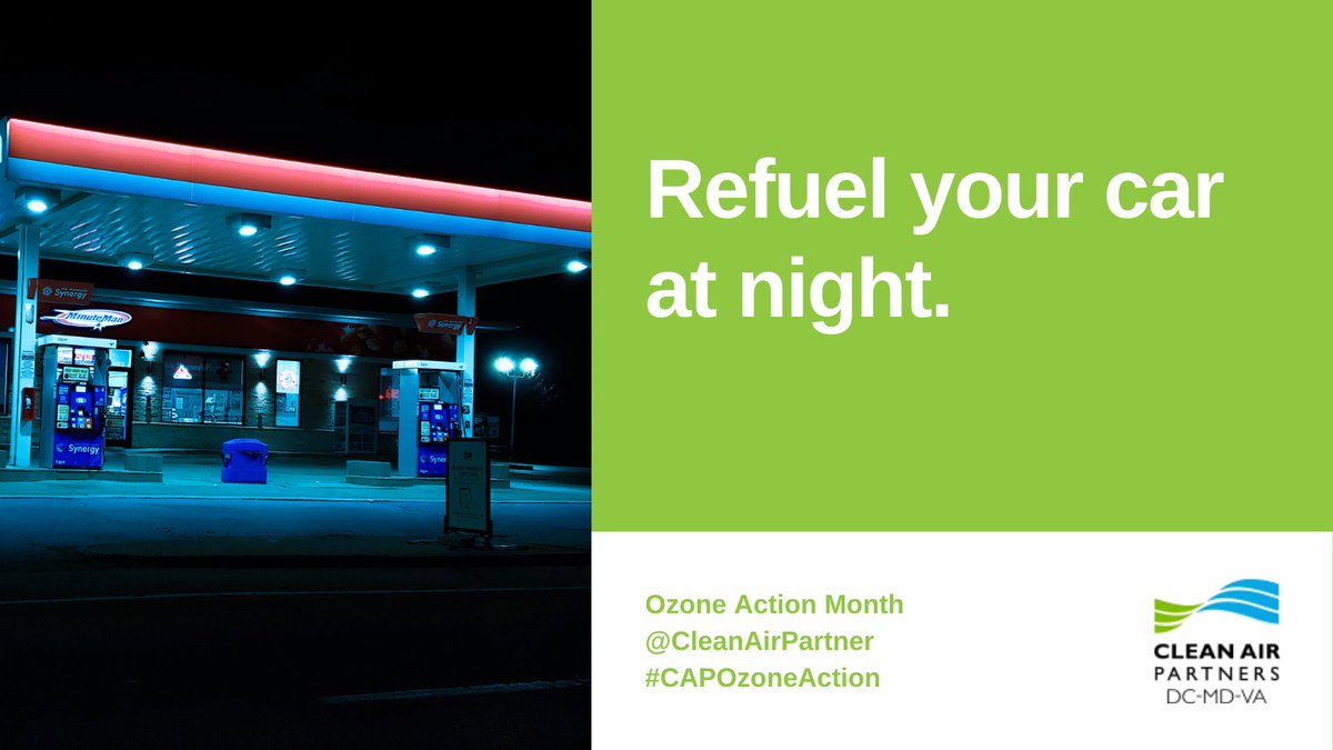 CleanAirPartner's tweet photo. #DYK refueling your car at night can reduce #ozone formation? Less sunlight = fewer chemical reactions. Take a step toward a cleaner environment and give it a try! πΏπ #CAPOzoneAction https://t.co/iUKXWWTCCR