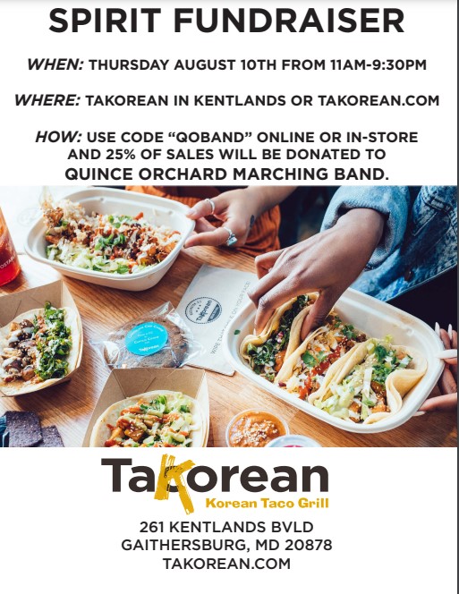 Hey <a href="/QOBands/">Cougar Bands</a> fans-  come support our marching band program and get some delicious food!   

Thursday 8/10 at <a href="/TaKorean/">TaKorean</a> Kentlands 11-9:30 

Wednesday 8/16 at California Tortilla Darnestown 11 - 9:30
@QOHSPrin_Thomas
<a href="/QOBoosters/">Quince Orchard Boosters</a>
<a href="/QOAthletics/">Quince Orchard Athletics</a>