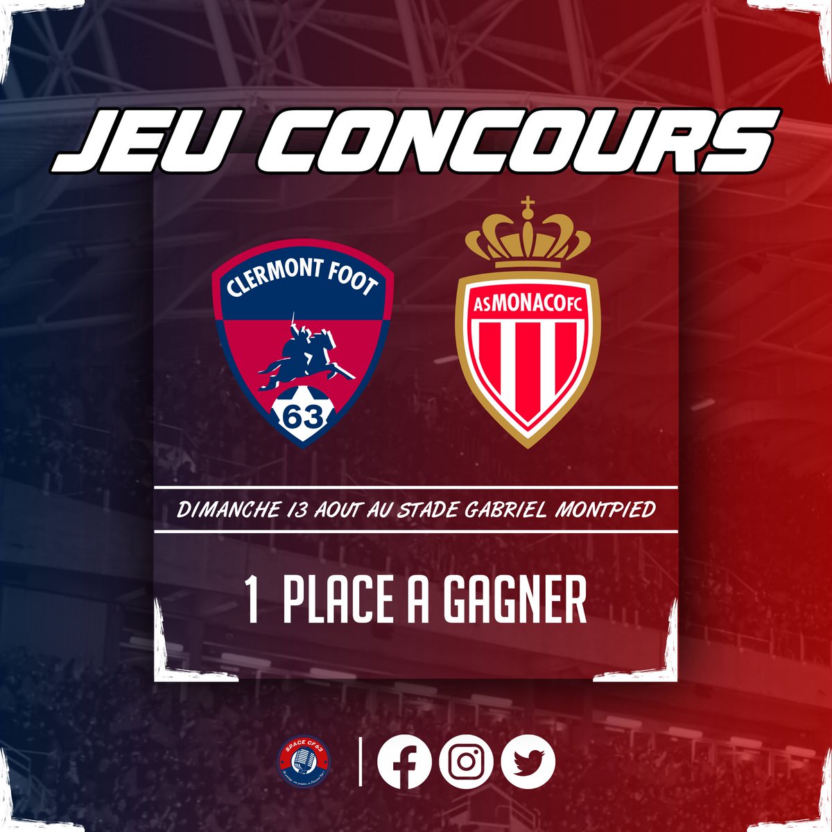 SpaceCf63's tweet image. 🎁 | 𝗝𝗘𝗨 𝗖𝗢𝗡𝗖𝗢𝗨𝗥𝗦
Gagnez votre place pour le match #CF63ASM du 13 août prochain ! 

👉 | RT + Follow @SpaceCf63 
👉 | Mentionnez 1 ami en commentaire 

🔜 | Tirage au sort mercredi 9 août 

#CF63 #ClermontFoot #Concours #Jeuconcours #jeu #ASM #ASMonaco 🔴🔵🌋