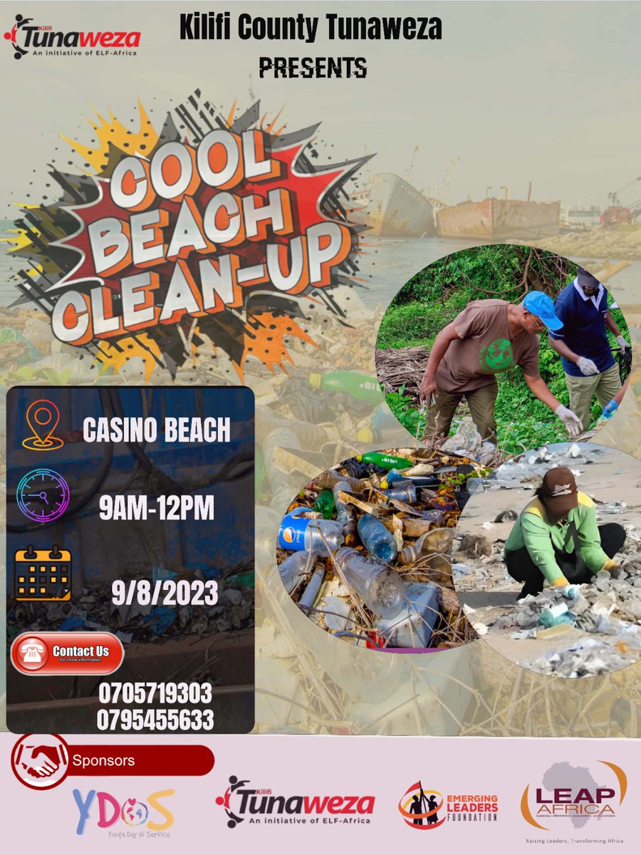"We cordially invite everyone to join us for a beach cleaning event on 9/8/ 2023, starting at 9 AM. Your presence and participation in this initiative will be highly appreciated come together and make a positive impact on our environment!" <a href="/elfafrica1/">Emerging Leaders Foundation-Africa</a> <a href="/LEAPAfrica/">LEAP Africa</a> <a href="/MCSakwa1/">MC Sakwa</a>