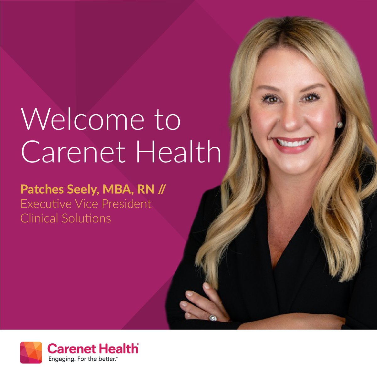 We are excited to announce Patches (Pace) Seely, MBA, RN as our new Executive Vice President, Clinical Solutions. Welcome to Carenet Health! hubs.ly/Q01ZYS8r0