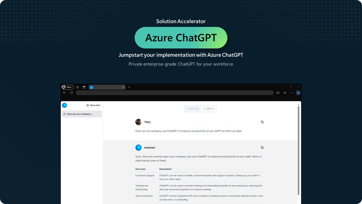 🚀Azure ChatGPT: Private ChatGPT for Enterprises 🤖

Exciting new release! Access the GitHub repository here &amp; deploy directly to Azure or run locally:

🧑‍💻 github.com/microsoft/azur…

✅ Private: Fully isolated from OpenAI
✅ Controlled: Isolate network traffic &amp; leverage enterprise