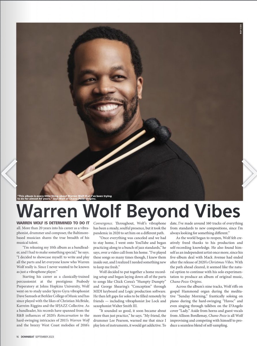 warrenwolf1's tweet photo. Short article in Downbeat Magazine about my “Chano Pozo:ORIGINS” record. Check it out!!!!
#downbeatmagazine #warrenwolf #chanopozo #vibraphonejazz #newmusic #grammys #electrospitmobiletalkbox #allmusicinstruments #allbymyself #drums #baltimoreshit #baltimoremusicians https://t.co/4aaEDv6il8