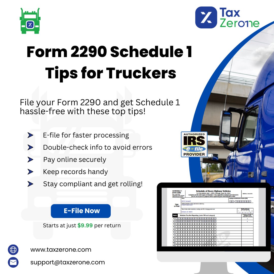 TaxZeroneUS's tweet photo. Don't miss the TaxZerone advantage! Our user-friendly platform ensures seamless Form 2290 filing, and instant access to your Schedule 1. Simplify your excise taxes today! Visit https://t.co/22XWrHyp0O
#taxzerone #Form2290 #Schedule1 #form2290schedule1 #truckers #huvt #efileform https://t.co/rcCTC87Dcm