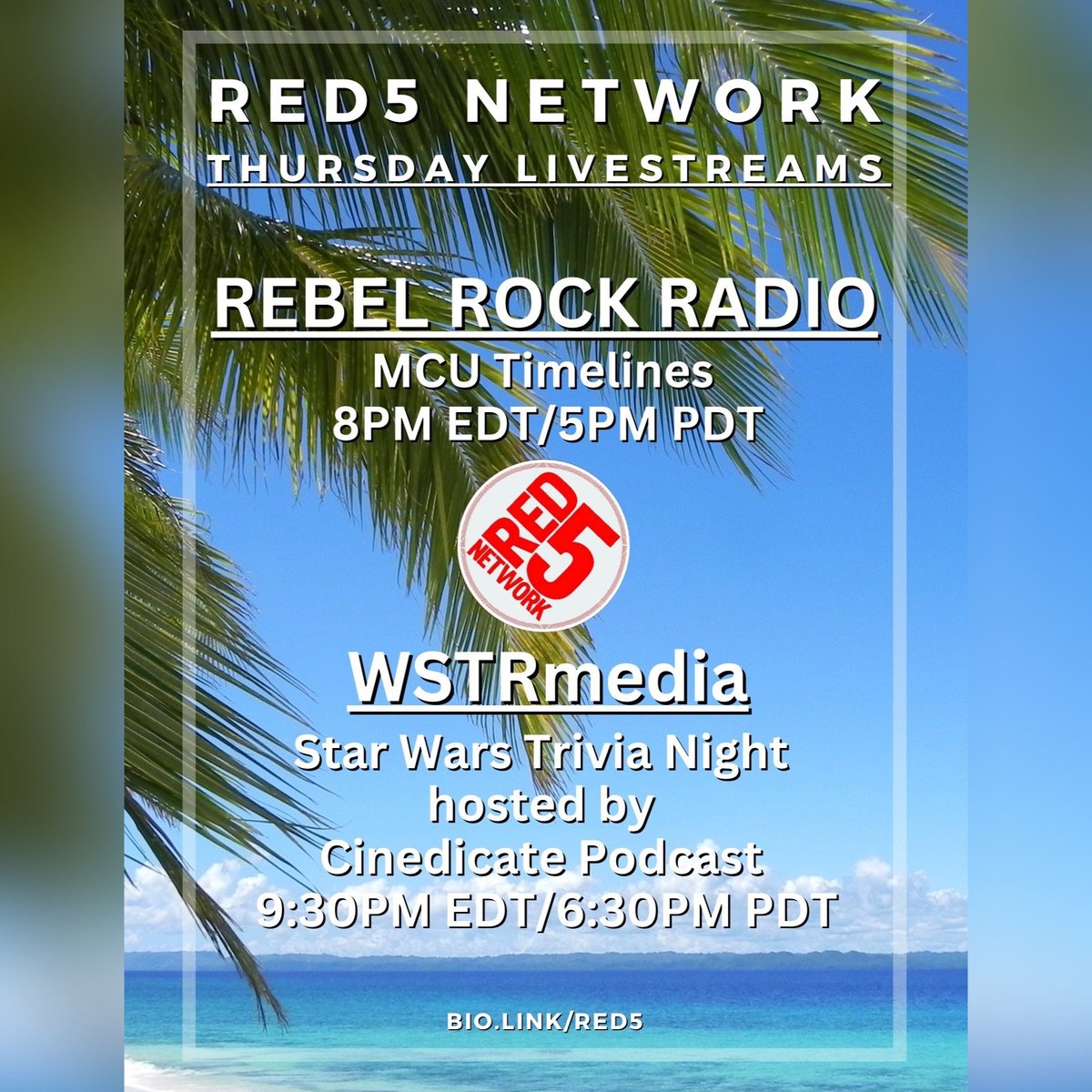 YOUR Red 5 Network (@red5network) on Twitter photo Here’s a Thursday thought: come hang with us in the live chats of these Red5ers on YouTube! At 8edt/5pdt Steve & DJ discuss #MCU Timelines over on @RebelRockPod. Then at 9:30edt/6:30pdt catch the gang at <a href="/WSTRmedia/">wstrmedia @ #BTTF40</a> play some #StarWars trivia with Cinedicate Podcast. See ya later! Here’s a Thursday thought: come hang with us in the live chats of these Red5ers on YouTube! At 8edt/5pdt Steve & DJ discuss #MCU Timelines over on @RebelRockPod. Then at 9:30edt/6:30pdt catch the gang at <a href="/WSTRmedia/">wstrmedia @ #BTTF40</a> play some #StarWars trivia with Cinedicate Podcast. See ya later!