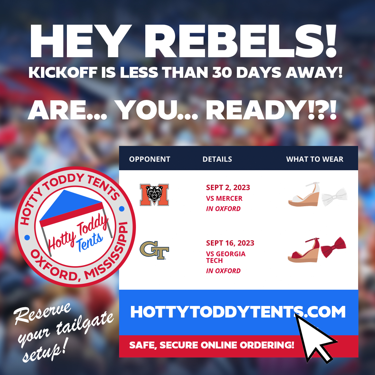 HottyToddyTents's tweet photo. Kickoff is less than 30 days away! Order your tailgating setup today! Hotty Toddy Tents is an Ole Miss-approved tailgating setup vendor. We have built a reputation for great customer service and making sure customers have a blast! Order online at https://t.co/lZ8Iod68Ke! #OleMiss https://t.co/FCz69ABp37