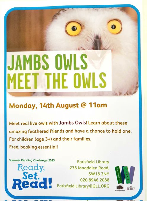 Better_EarlsLib's tweet photo. The Jambs Owls are back in the spotlight! Earlsfield Library's session is already fully booked, but you can meet the owls at Balham Library 7th August 11:30am, Battersea Park Library 7th August 3pm, Southfield Library 8th August 11am and Battersea Library 3pm. Booking essential! https://t.co/06lX9eDNMx