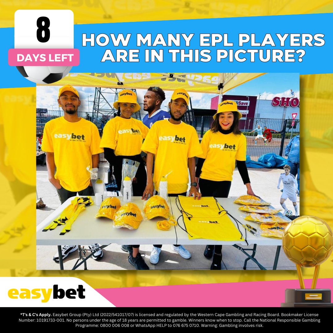 Easybet_SA's tweet photo. 🚨 All aboard! The EPL train is about to make its final stop for some sizzling matches! 🔥Only 8 days to go, folks! 😎 

As the countdown ticks away, let's turn up the heat with a spicy challenge, shall we? 🧩  Check out our Easybet crew in this pic! 🕵️‍♀️🔎 We've placed famous EPL players among them. Can you spot how many? 

Let us know in the comments below, and don't forget to give us a ❤️ and retweet for a chance to win our awesome R100 Bonus Bet! 🎁💰

Put on your detective hats, because it's time to kickstart the Finding Games! 🕵️‍♂️🔍

#8daysleft ⏳⚽
#EnglishPremierLeague 🇬🇧🏆