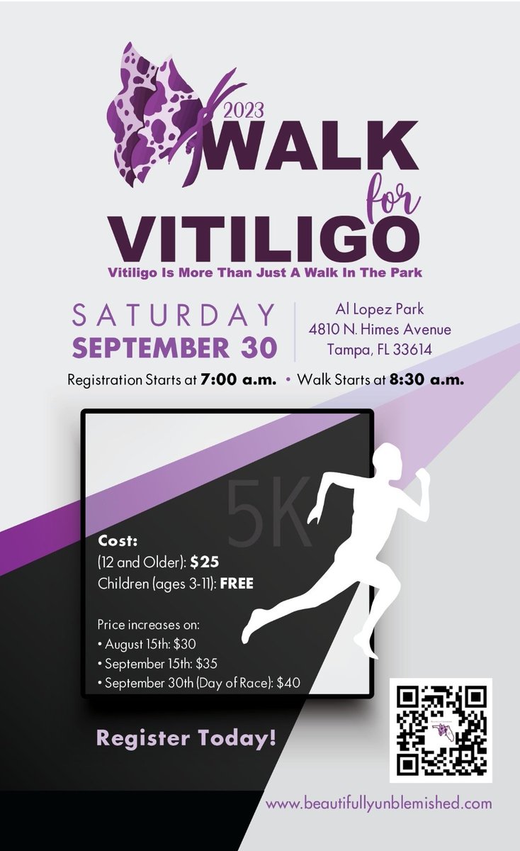 🏃🏼‍♀️🏃🏽‍♀️🏃🏿‍♀️RUN (or WALK)… to register for our 2nd Annual Walk For Vitiligo on September 30!! The price will increase on August 15! 

#walkforvitiligo #beautifullyunblemished #tampafl #globalvitiligofoundation #charitywalk #awarenesswalk #vitiligoawareness