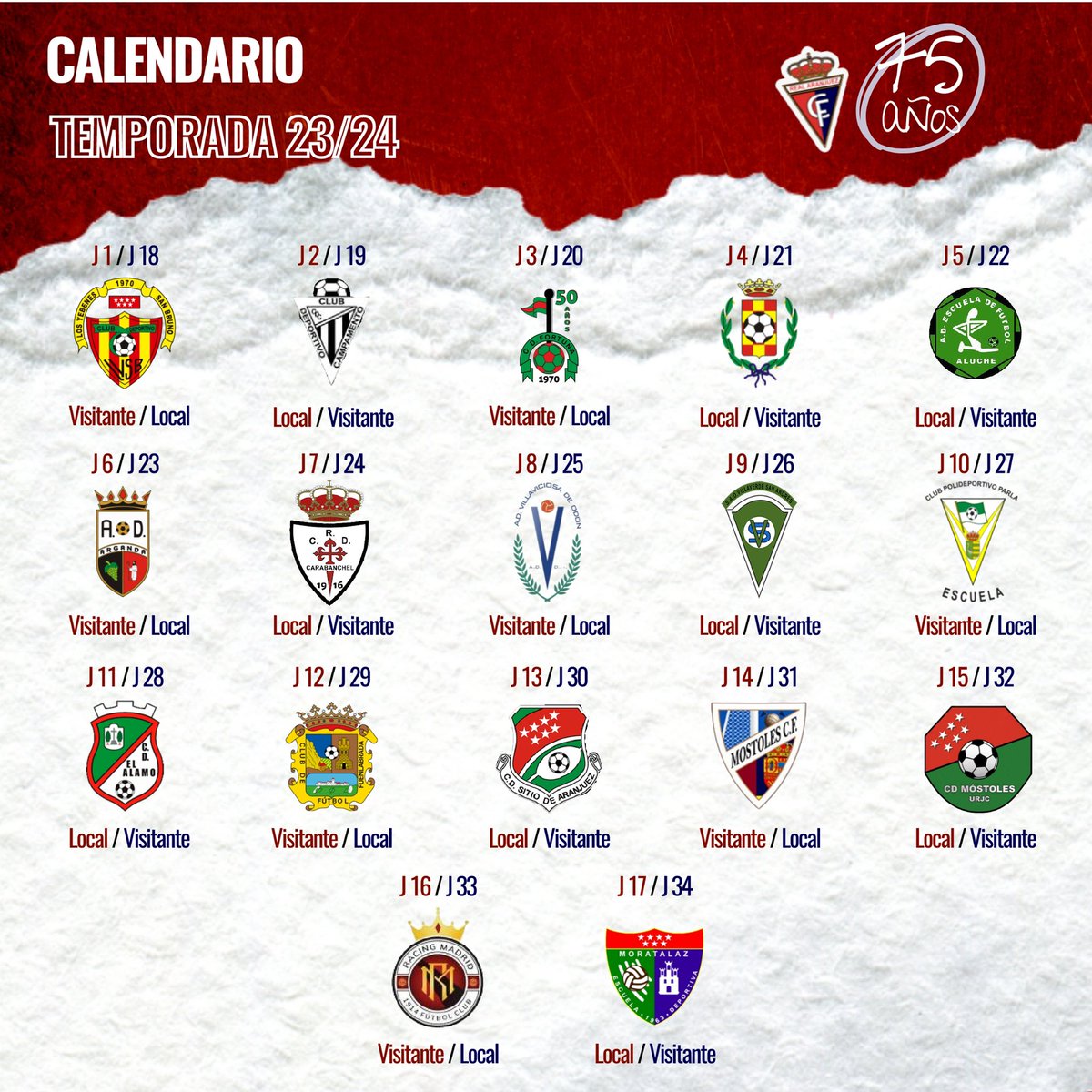 CALENDARIO | Ya tenemos el orden de los 34 partidos de Preferente para la temporada 23/24. Iniciaremos ante <a href="/LosYebenesSB/">C.D. Los Yébenes San Bruno</a> y acabaremos ante la <a href="/edmoratalaz/">ED Moratalaz</a> B. El derbi ribereño en las jornadas 13 y 30 ante el <a href="/CDSitio/">CD Sitio de Aranjuez</a> .

realaranjuezcf.es/es/content/pag…

#VamosAranjuez #OrgulloRibereño