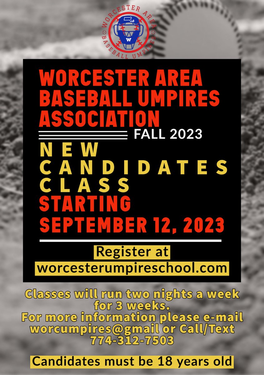 worcumpires's tweet photo. WE ARE HIRING!!! Become an umpire.  Classes start September 12 register at https://t.co/5AD3fjNmwd @tgsports @MIAA033 https://t.co/HhHY1yTMqD