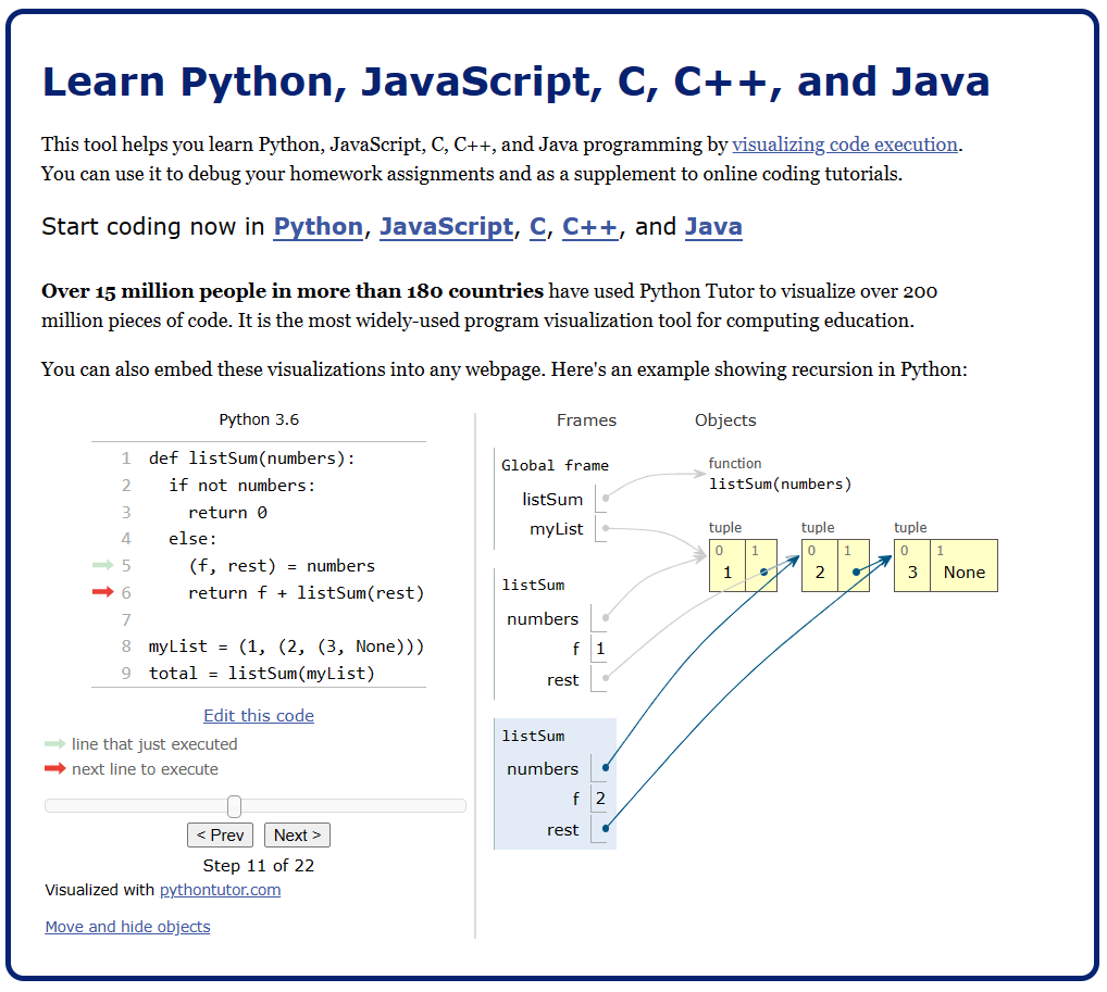 rrezler93's tweet image. ✨Discovery #3: PythonTutor✨
This is simple but incredible useful tool that allows us to visualize Python, JavaScript, C, C++, and Java code execution step-by-step. A valuable learning experience for beginners and big help in debugging complex code. 💻
#Python #PythonTutor