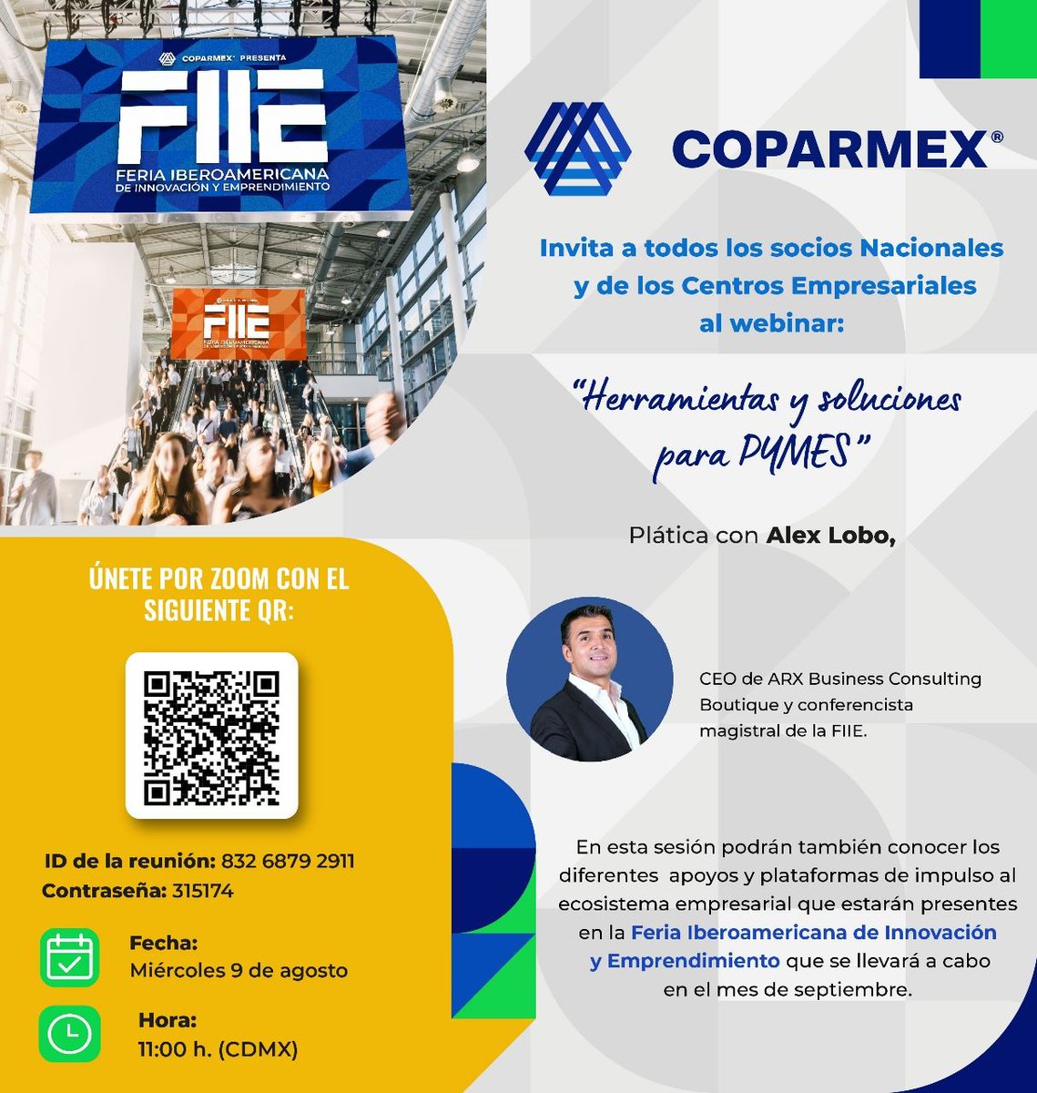 ComprSocialMx's tweet photo. #Webinar "Herramientas y Soluciones para #PYMES", impartido por @alexlobomx, CEO de ARX Business Solutions 
📷 Miércoles 9 de agosto
📷 11:00 a.m.
📷 Vía Zoom
📷 Cupo limitado a 1000 registros
📷 Escanea el QR de la imagen para participar
https://t.co/QOu4FYW9HC https://t.co/CA7SHDgLee