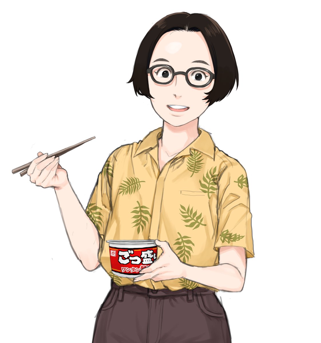 1girl solo shirt chopsticks short hair glasses white background  illustration images