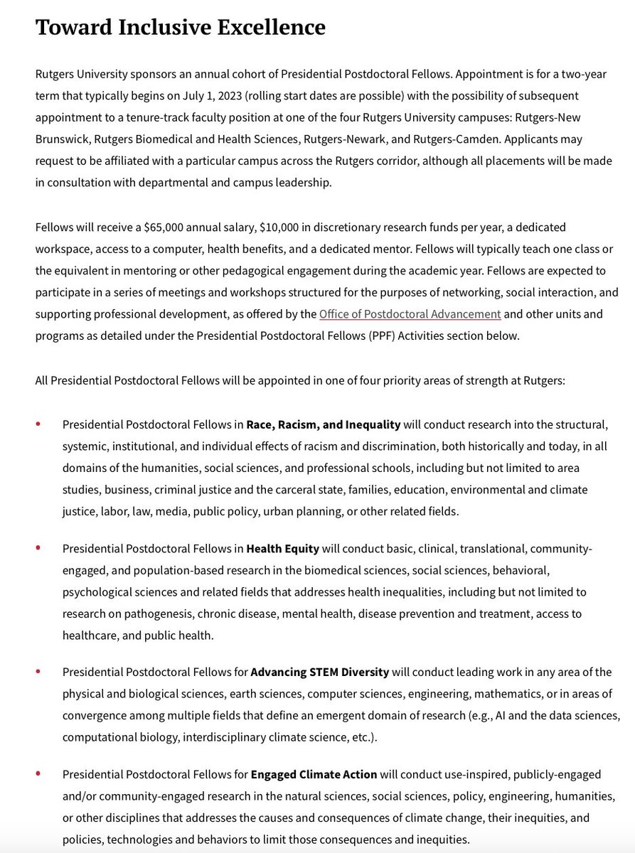Rutgers University sponsors an annual cohort of Presidential Postdoctoral Fellows. Appointment is for a 2-year term that typically begins on July 1 (rolling start dates are possible) with the possibility of subsequent appointment to a T-T faculty position. App debuts Sept. 5.