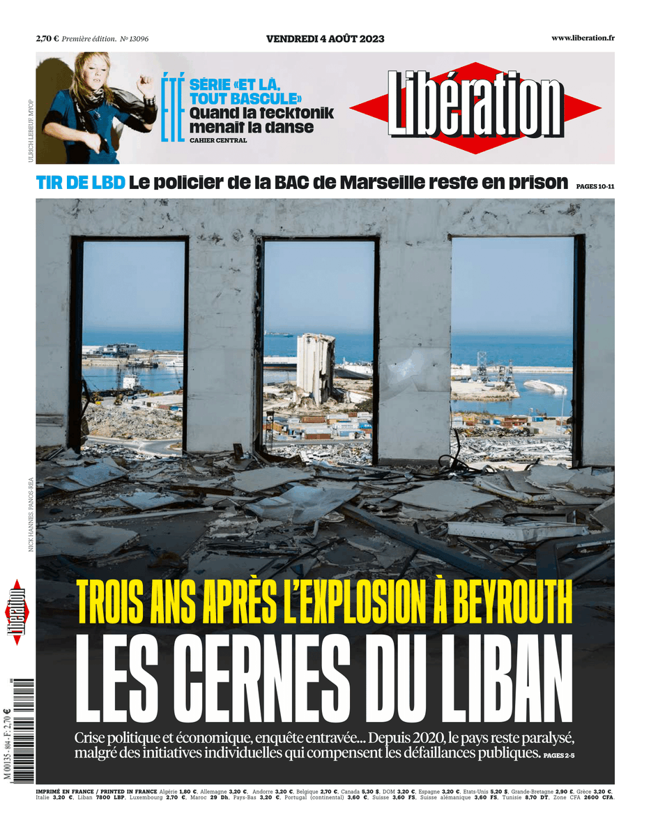 libe's tweet photo. 🇱🇧 Trois ans après l'explosion à Beyrouth : les cernes du Liban. C'est la une de @Libe vendredi 

Lire : https://t.co/nj2k4mQp7h https://t.co/js5fnsDoWl