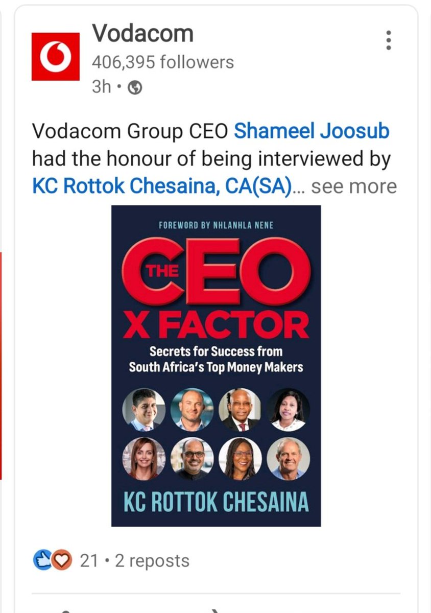rawtalk24's tweet photo. Thank you @Vodacom for this shout out. Mighty pleased to have interviewed your Group CEO #shameeljoosub for my book #theceoxfactor https://t.co/goNAsmzs9T