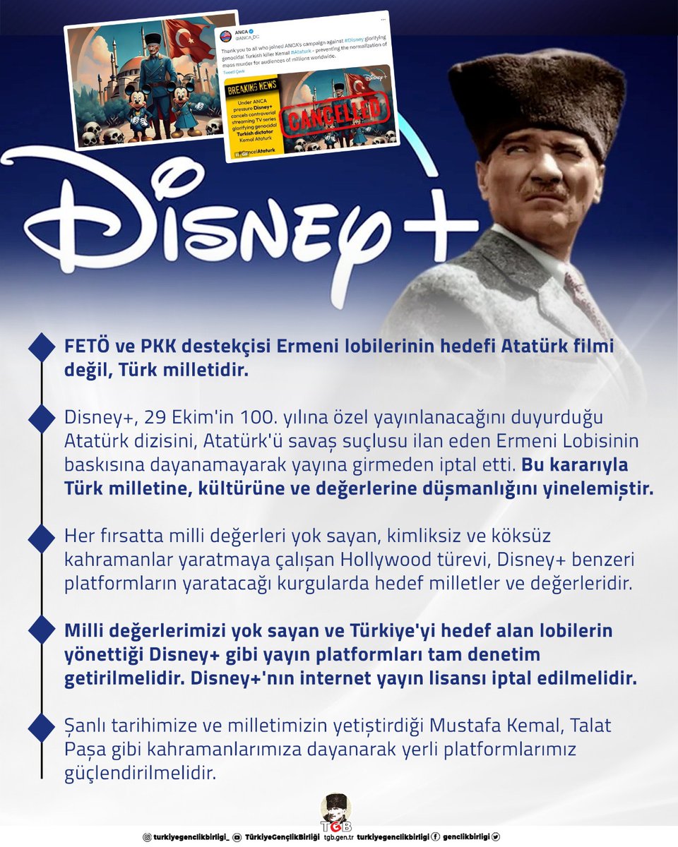 ABD merkezli dijital yayın platformu Disney+, Cumhuriyet'in 100. yılında yayınlanacak olan Atatürk dizisini Ermeni lobilerinin baskıları sonucu iptal etti.

Cumhuriyetimizin kurucusu Atatürk'e yapılan bu saygısızlık abonelik iptalleriyle geçiştirilemez.

Disney+'nın internet