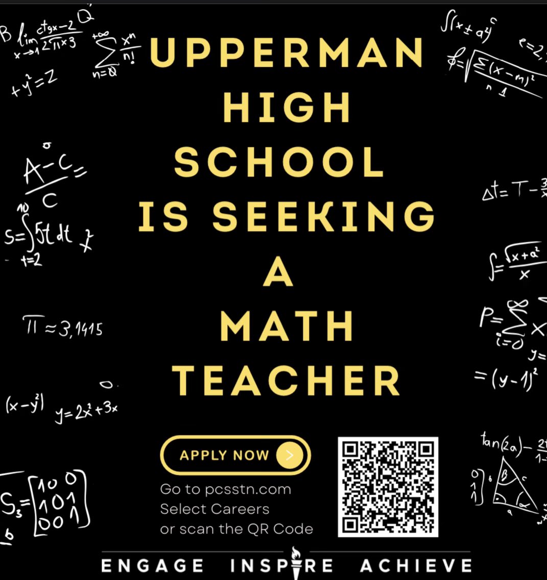 Upperman High School is seeking a math teacher to join our hive! 🐝💛 If you’re interested, please scan the QR code or visit the website listed! #WeAreUpperman