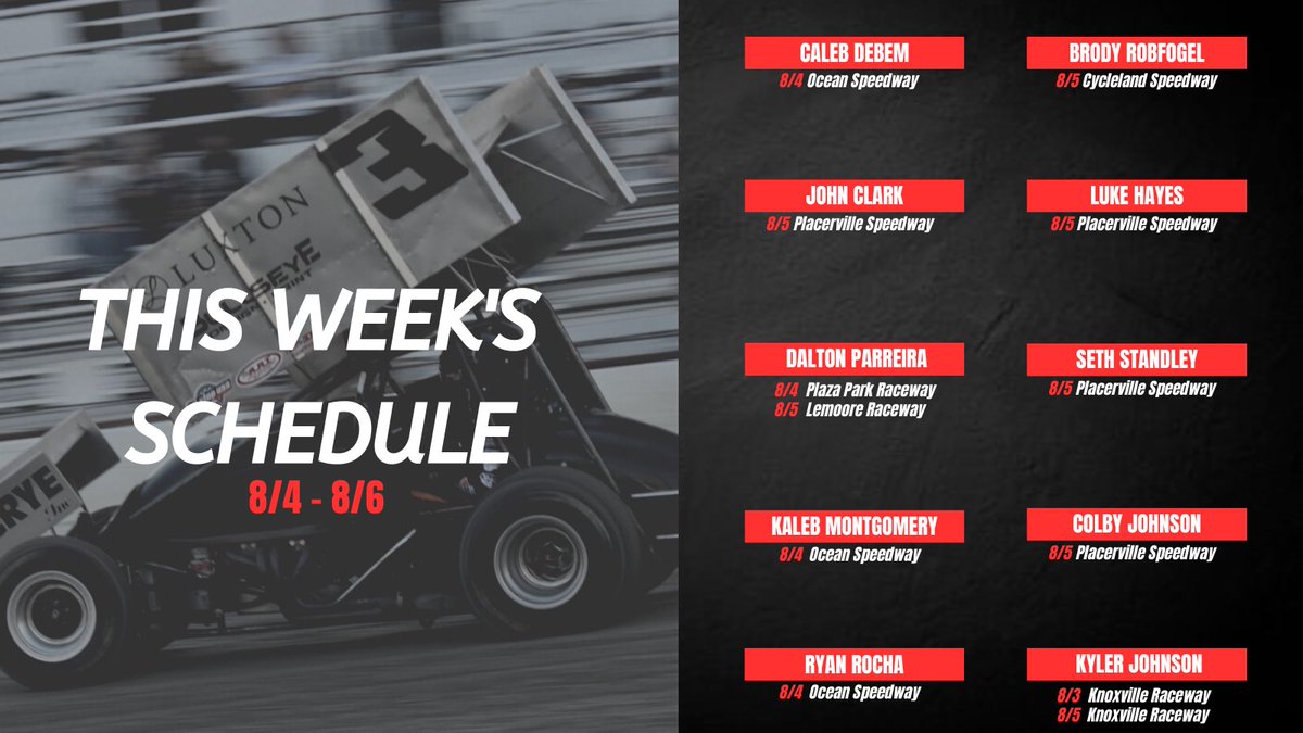 FastTimeMedia's tweet photo. Here is this weekend’s #FastTimeMedia schedule!
Not a lot of action going on here on the West Coast!
🏎️ 1️⃣0️⃣ Drivers
🏁 6️⃣ Races
🌆 6️⃣ Tracks
- Kyler Johnson Takes on 360 Nationals!
- @DaltonParreira back in action.
- Ocean Speedway & Placerville Speedway double header. https://t.co/ljdQ1IeyO3