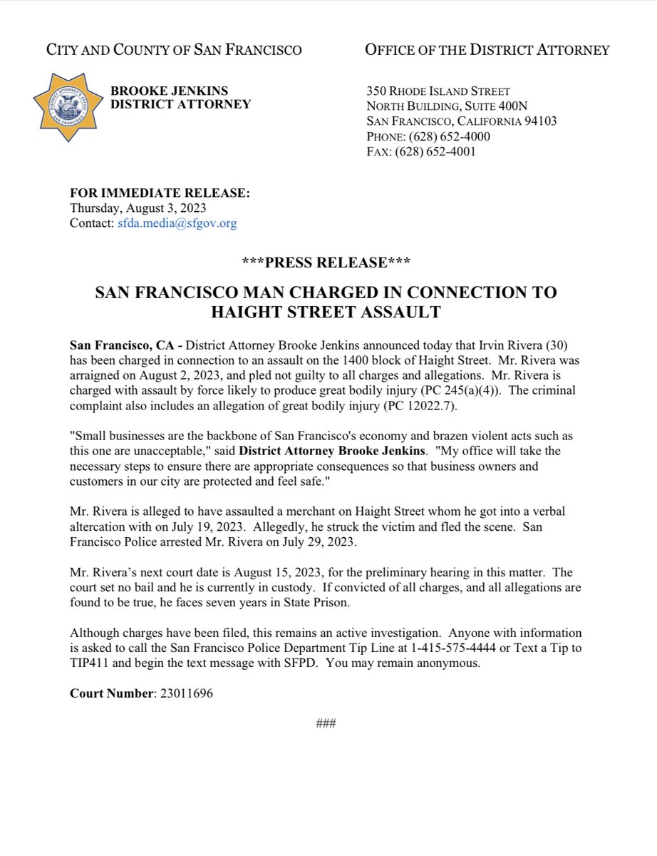 SFDAOffice's tweet photo. 1/ District Attorney @BrookeJenkinsSF announced today that Irvin Rivera has been charged in connection to an assault on Haight St. 

Rivera is charged w/ assault by force likely to produce great bodily injury. The criminal complaint includes an allegation of great bodily injury. https://t.co/wIAAcE87fA