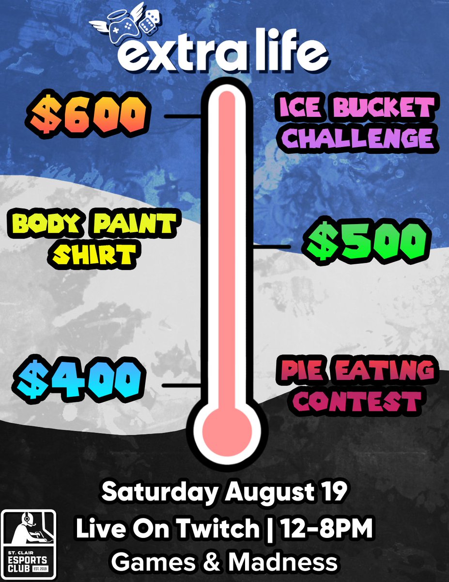 SCEsportsClub's tweet photo. We have new punishments to announce for our @ExtraLife4Kids Tabletop Charity Stream on August 19th! 

At $400 there will be a pie-eating contest
At $500 twitch chat will be able to vote on a painted shirt design 
At $600 the cast will have ice-cold water dunked on their heads https://t.co/r5oLIF1JP8