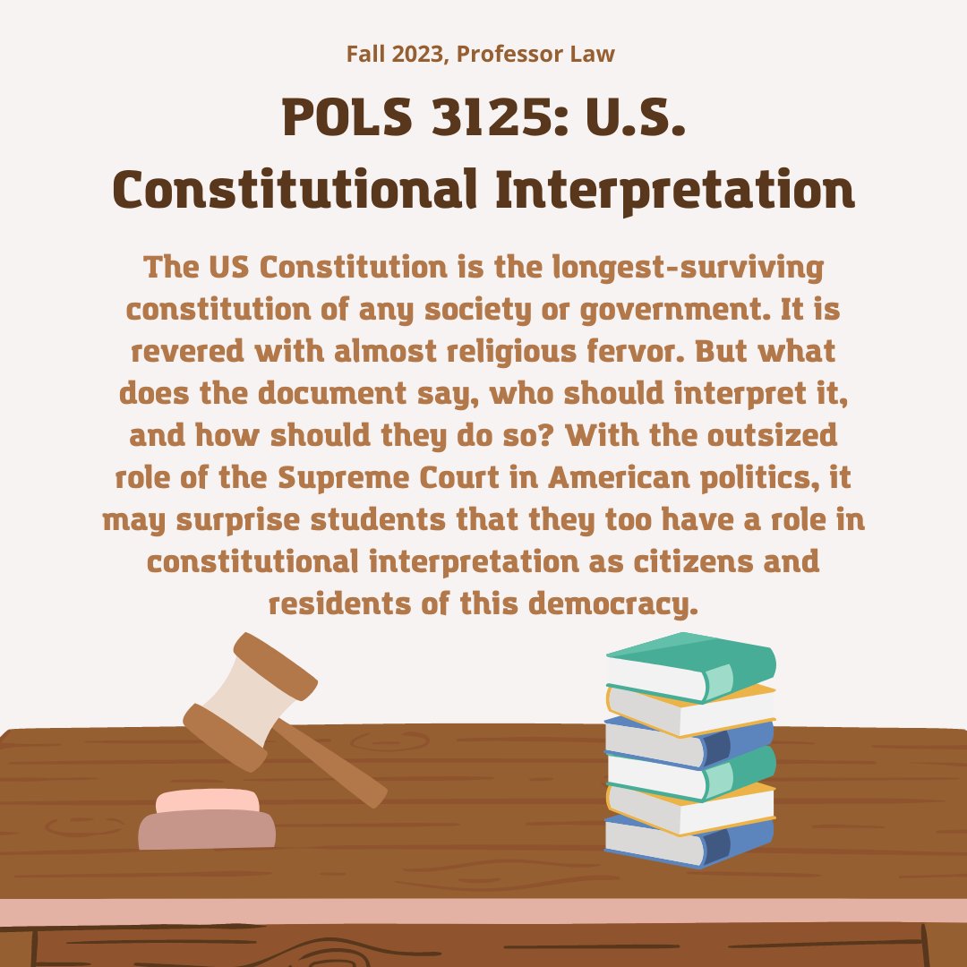 Enroll NOW!! This course focuses on the strategies and approaches toward constitutional interpretation including methods of evaluating the accuracy of interpretation and the broader political role that the Constitution plays in shaping politics and American life.