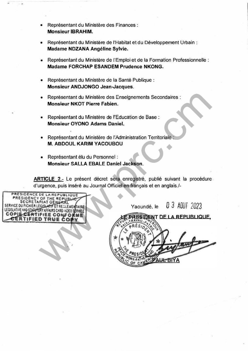 Décret portant nomination des membres du Conseil d’Administration du Bureau Central des Recensements et des Etudes de la Population (BUCREP).
#PaulBiya
#Cameroun