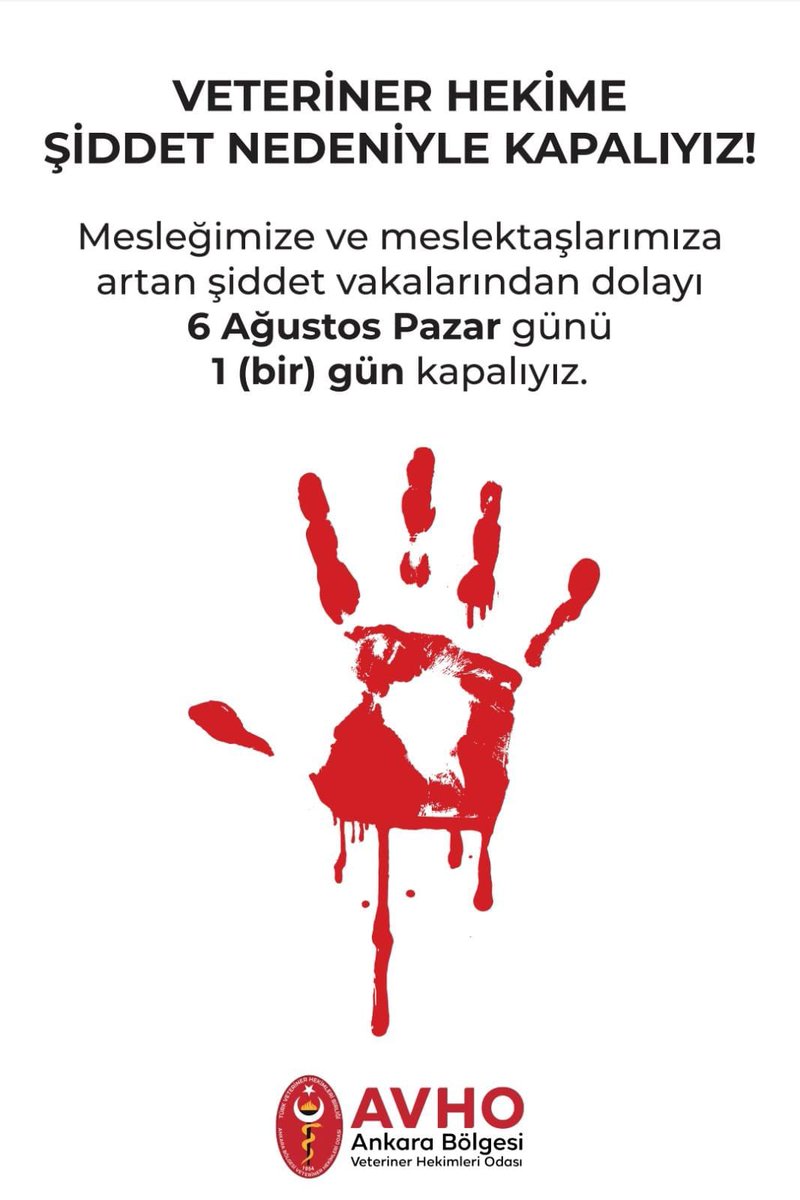 Prof. Dr. Mühip Kanko (@kanko_muhip) on Twitter photo Son dönemlerde giderek artan sağlıkta şiddet vakalarının önlenebilmesi adına yetkilileri bu hassas konuda gerçekçi tedbirleri almaya davet ediyoruz.
Veteriner hekimler biran önce sağlıkta şiddet yasası kapsamına alınmalıdır!
#VeterinerHekimeSiddeteHayır
<a href="/merkezkonseyi/">Türk Veteriner Hekimleri Birliği</a> Son dönemlerde giderek artan sağlıkta şiddet vakalarının önlenebilmesi adına yetkilileri bu hassas konuda gerçekçi tedbirleri almaya davet ediyoruz.
Veteriner hekimler biran önce sağlıkta şiddet yasası kapsamına alınmalıdır!
#VeterinerHekimeSiddeteHayır
<a href="/merkezkonseyi/">Türk Veteriner Hekimleri Birliği</a>