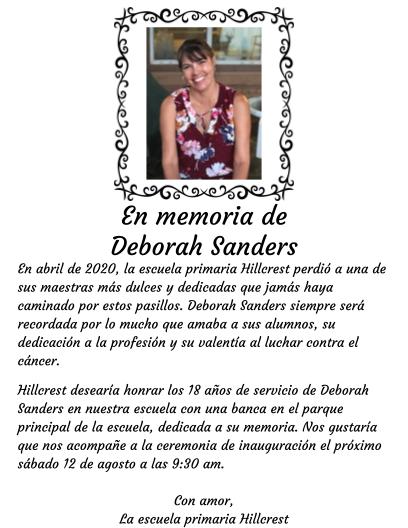 Good afternoon, Hawks! 
 There will be a memorial in the loving memory of Deborah Sanders one of our beloved teachers.