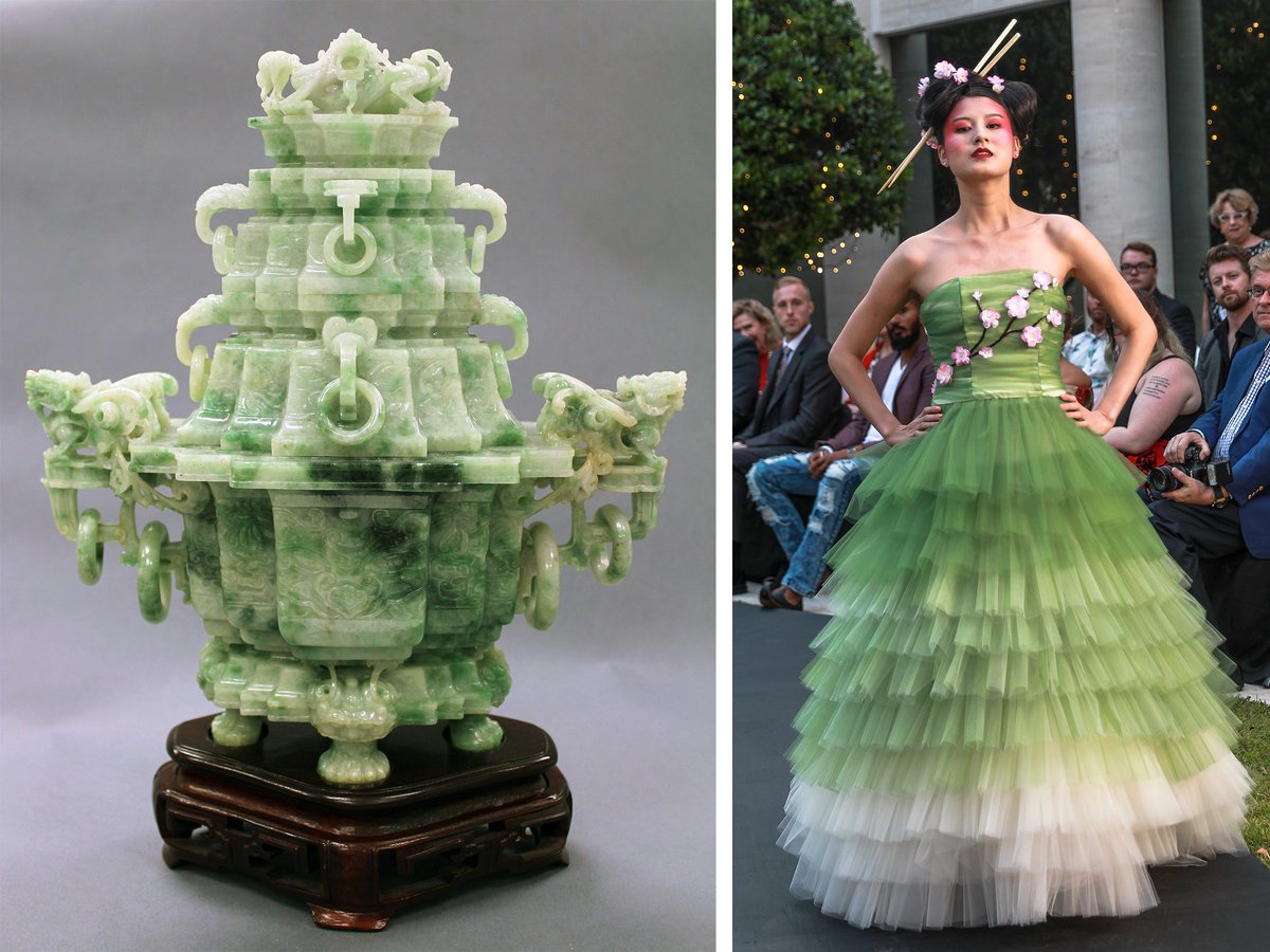 AppletonMuseum's tweet image. For this week's #OnlineArtExchange by @artukdotorg the theme is Joyful Fashion in Art .

Here's a throwback of photo of the museum's 2018 Fashion Show with a dress from Xiaolin by Julie Chen inspired by a carved pagoda made from jadeite in the museum's collection.
