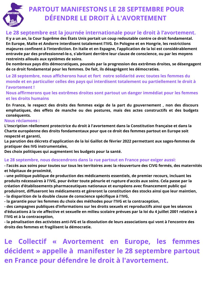 Le 28 septembre, journée internationale pour le droit à l'#avortement, on manifeste partout en France. Et notez sur vos agendas, on organise un meeting le samedi 30 septembre dans l'après midi à Paris à la Bourse du Travail de la rue Charlot.