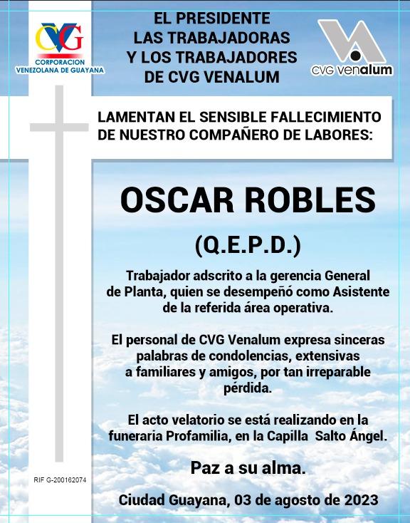 VENALUM_CVG's tweet photo. #Obituario || CVG Venalum se une al duelo que embarga a la familia Robles por la partida física de nuestro compañeros de labores Oscar Robles.

Paz a su alma. https://t.co/t9eunj25GA