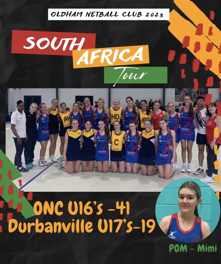OldhamNetball's tweet photo. Our ace U16’s had a great game against such a lovely team🥰 Thanks to you all and your coaches for the hospitality, we loved it❤️💙🇿🇦 #ONConTour #Memories #Thankful https://t.co/MddUjDKpk3