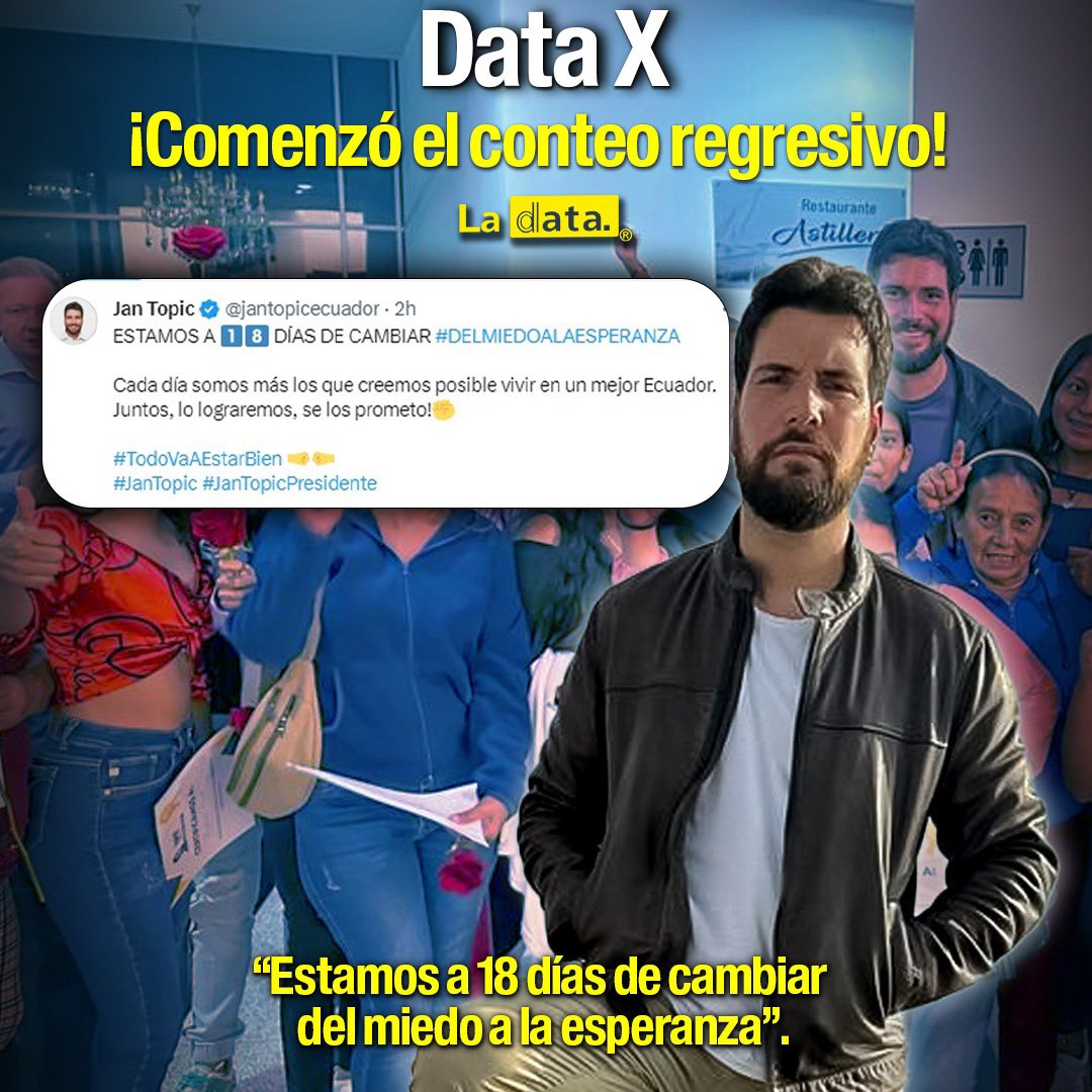 ElDatoEcua's tweet image. #DataX ¡COMENZÓ EL CONTEO  REGRESIVO! 

El presidenciable, Jan Topic, sigue llegando a la ciudadanía con su mensaje lleno de esperanzas y de mejores días para nuestro país. 

“Cada día somos más lo que creemos posible vivir en un mejor Ecuador, lo lograremos, se lo prometo”,…